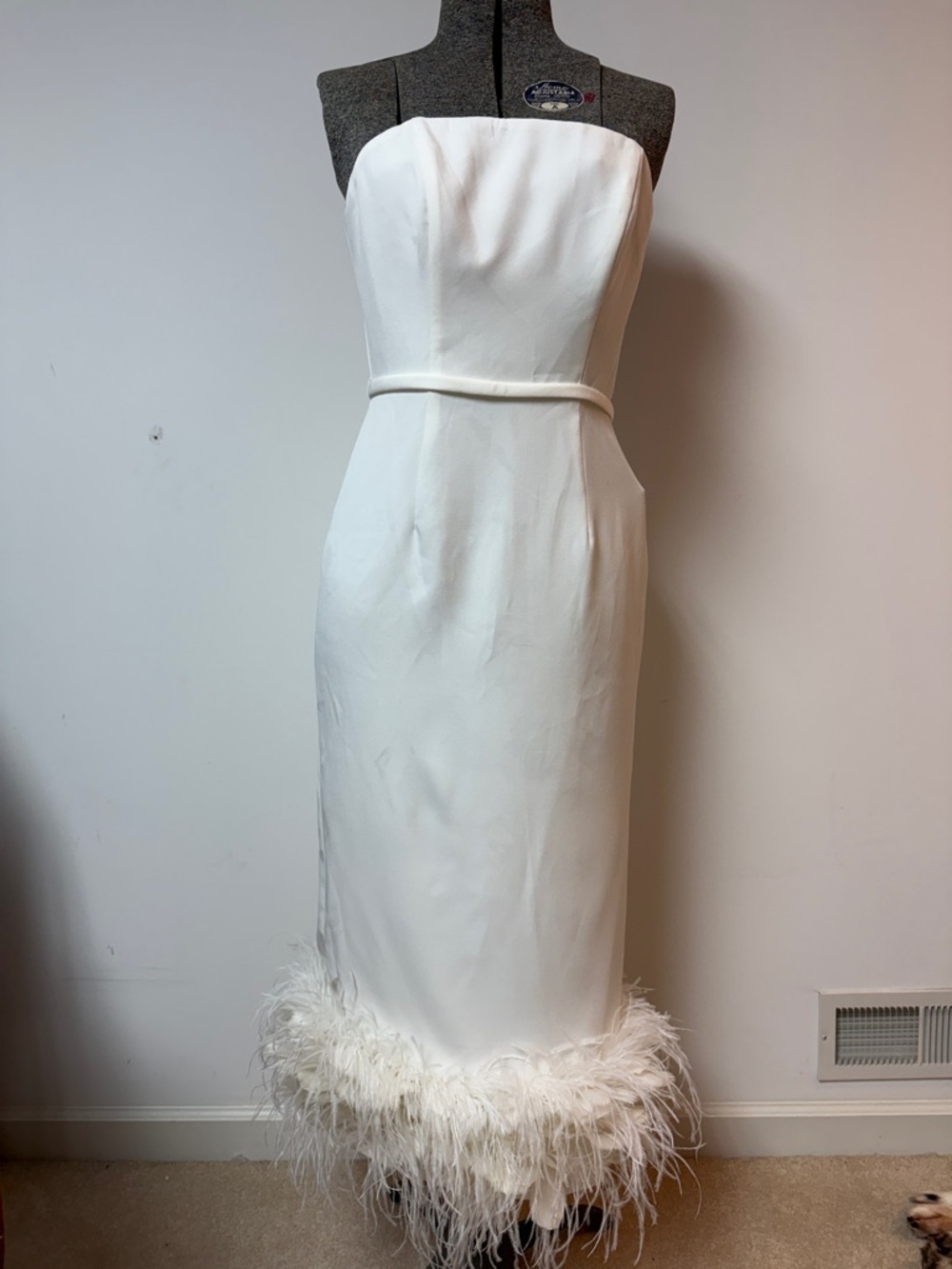 Mac Duggal White Strapless Feather-Hem Sheath Dress